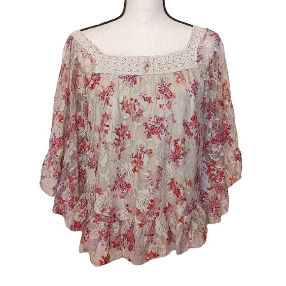 NY Collection Floral Boho Blouse Size Medium M Lace Square Neckline Flowy - Picture 1 of 12